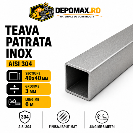 Teava patrata inox AISI 304, 40 x 40 x 3 mm, 6 metri